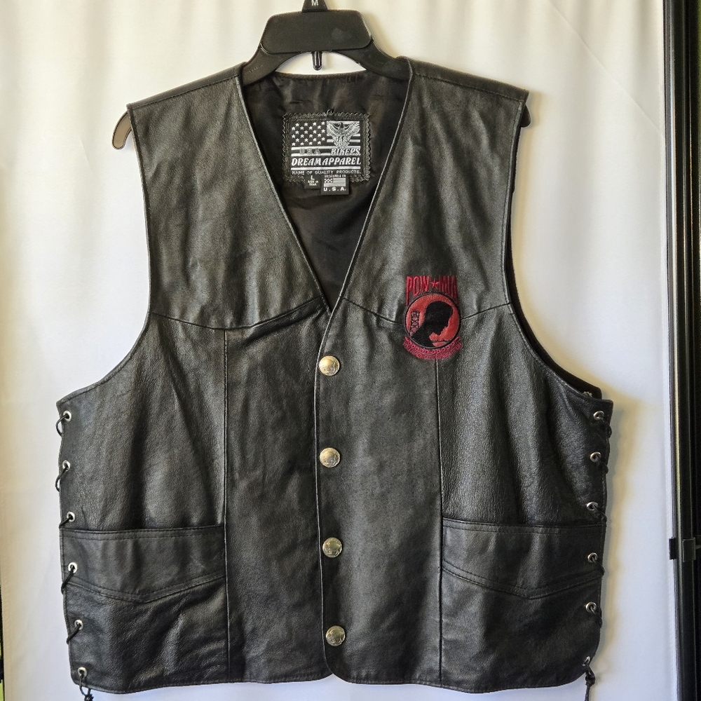 Leather Biker Motorcycle Vest USA Bikers Dream Apparel, Size L,  POW  Patches